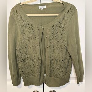 Joseph A Knit Button Front Cardigan Sweater Olive Green Pointelle XL